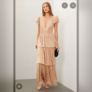Sabina Musayev Maze Tiered Pleated V-Neck Maxi Dress in Champagne